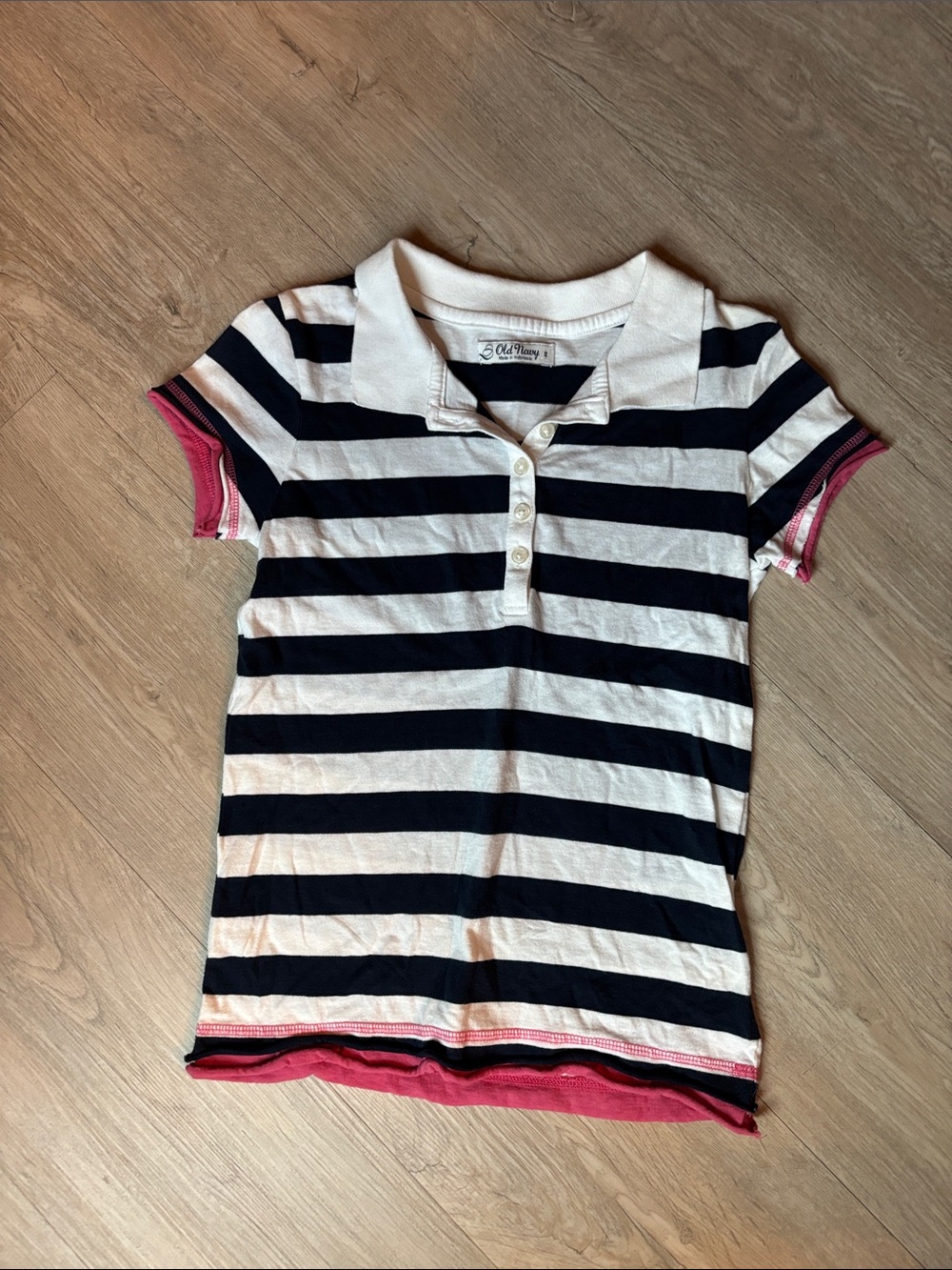 Old Navy Navy and White Striped Polo with Pink Trim